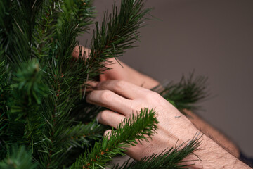 mano de hombre arreglando ramas de árbol de navidad con acercamiento - obrazy, fototapety, plakaty