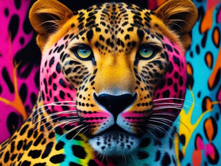 Psychedelic groove illustration, bright neon leopard, rainbow fur.