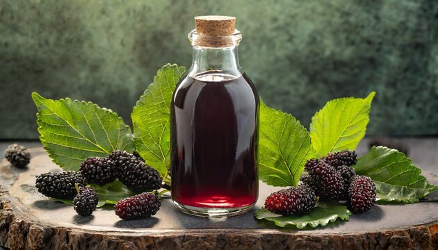 Black mulberry syrup (molasses) in bottle, mullberries and leaves near, empty space to write a text, copy space