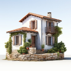 Fototapeta premium petite maison typique traditionnelle du sud de l'Europe proche de la Méditerranée, isolée sur fond blanc