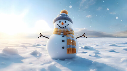 Obraz premium Little cute snowman in a hat and scarf on snow and winter snow forest. Copy Space Merry Christmas background