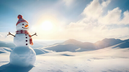 snowman wearing a hat and scarf on snow and sunny winter snowy forest. Copy Space Merry Christmas background