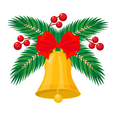 Christmas bell with red ribbon and Christmas tree branches. Color vector illustration in flat style. PNG with transparent background.