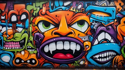 Bright colorful close up street grafitti with orange face and white teeth