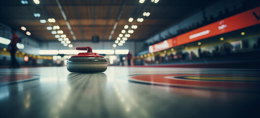 Close up shot of a curling wheel in an indoor sports arena.