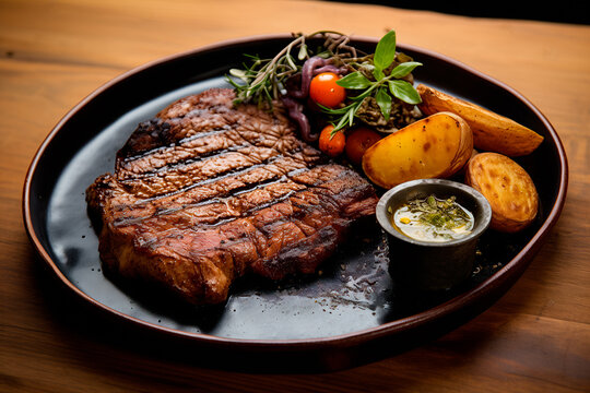 Closeup view of Beef Rib Eye steak on plate. Slices of juicy beef steak or angus steak