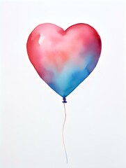Drawing of a Heart shaped Balloon in multiple Watercolors on a white Background. Romantic Template with Copy Space