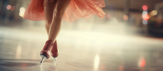 Legs of a skater in a pink tutu dancing on the dance floor