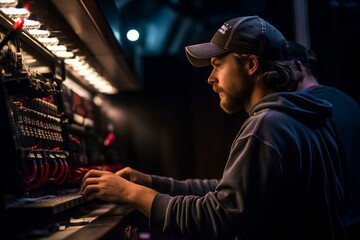 Technician adjusting lighting controls in the theater. generative AI