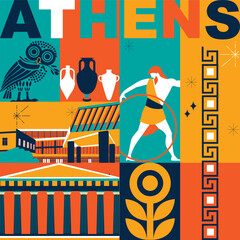 Typography word "Athens" branding technology concept. Collection of flat vector web icons. Culture travel set, famous architectures, specialties detailed silhouette. Greece famous landmark