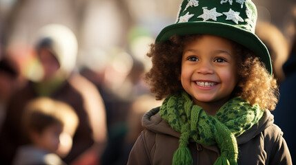 Celebrating St. Patrick's Day with a cute child dressed in traditional green Irish clothes, attending parades and enjoying Irish culture - obrazy, fototapety, plakaty