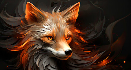 abstract 3d background with red fox on black background, copy space for text
