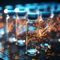 Glass containers vials with metal caps, illustration of collection and storage of DNA samples in laboratory conditions. Concept: equipment for molecular analysis, bioanalysis and medical tests.	 - obrazy, fototapety, plakaty