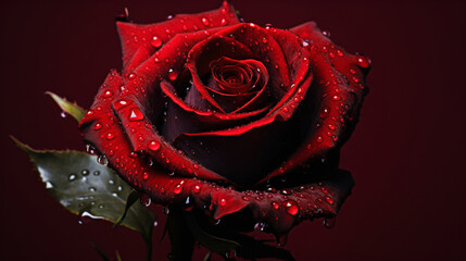 Black rose with water drop with red background