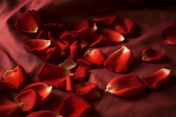 Red rose petals scattered on a bed, photographed from above, evoke the emotions of love and passion.