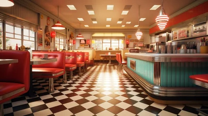 Tuinposter diner with checkerboard floors and nostalgia. © Mustafa_Art