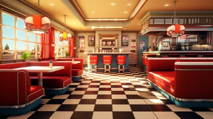 Zelfklevend Fotobehang diner with checkerboard floors and nostalgia. © Mustafa_Art