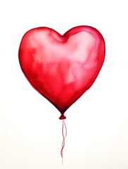 Drawing of a Heart shaped Balloon in ruby Watercolors on a white Background. Romantic Template with Copy Space