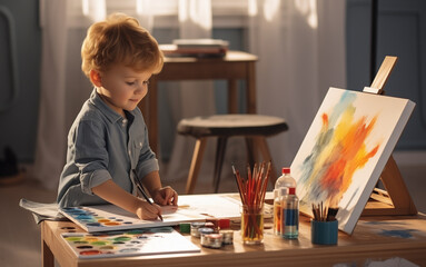 Cute boy drawing at home, ai generated