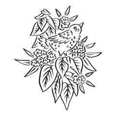 Hand drawn cute bird sitting on a branch with leaves and flowers. Abstract line art bird motif isolated on white background