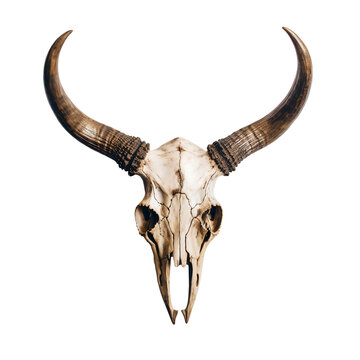 Beautiful horned animal skull on PNG transparent background for home wall decoration.