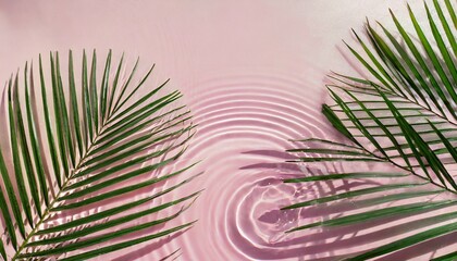 summer creative layout with palm tree leaf shadow and pastel pink water ripple background 80s or 90s retro aesthetic fashion idea minimal tropical summer idea