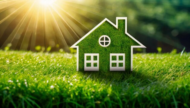 the image portrays a conceptual representation of a green home and environmentally friendly construction it includes a house icon placed on a lush green lawn with the sun shining overhead