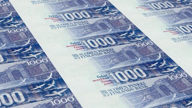 Finland Finnish Markka 1000 Banknotes Money Printing House, Printing One Thousand Finnish Markka, Printing Press Machine Print out Finnish Markka, Being printed by currency press machine 1000