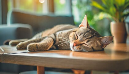 a cute brown pet cat lying indoors adorable sleeping cat on a wooden table in a living room background cute cat sleeping on the brown table close up of a domestic cat resting at home - Powered by Adobe