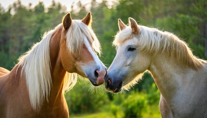 portrait of two beautiful horses touching noses lovely on a natural green farm background forest sunlight ai generated - obrazy, fototapety, plakaty