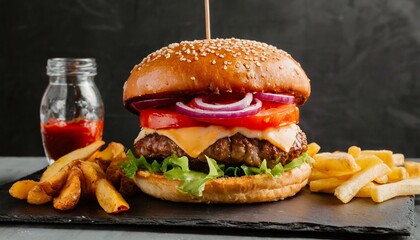 mouth watering photo of juicy burger and fries