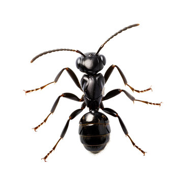 Macro image of a black ant on a transparent background PNG.