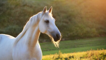 Obraz na płótnie Canvas portrait of beautiful white arabian horse on a natural green farm background sunlight golden hour ai generated