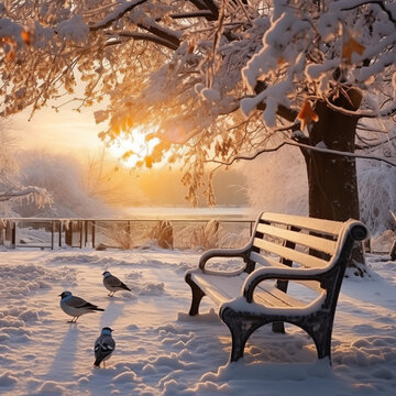Winter environment, snow was falling, morning, the sun is waking up, nature is beautiful, benches are under the snow, birds are nibbling on bread from the floor, a wonderful winter picture