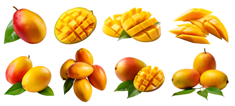 Mango Mangoes fruit, many angles and view side top front sliced halved group cut isolated on transparent background cutout, PNG file. Mockup template for artwork graphic design