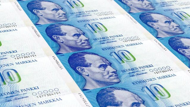 Finland Finnish Markka 10 Banknotes Money Printing House, Printing Ten Finnish Markka, Printing Press Machine Print out Finnish Markka, Being printed by currency press machine 10