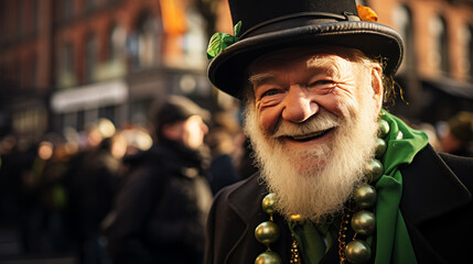 Celebrating St. Patrick's Day with a Happy brutal gray bearded senior man dressed in traditional green Irish clothes, attending parades and enjoying Irish culture - obrazy, fototapety, plakaty