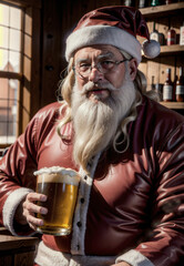 Santa Claus drinks beer, close-up portrait, looking directly at the camera, Christmas bar, pub, beer garden, photography
