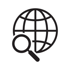 Global search icon. Magnifier and globe icon, search for a place on a map or on the globe sign. The icon of the magnifying glass and planet Earth.