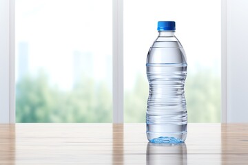 a bottle of water on a table - obrazy, fototapety, plakaty