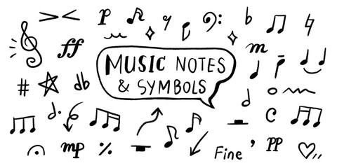 set of hand drawn music notes and symbols doodle. Decorative elements of treble clef, bass clef, piano, flat sign, sharp sign.
