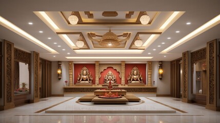 A beautifully designed false ceiling in a pooja room, showcasing a blend of tradition and modern aesthetics.
