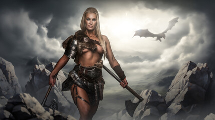 A strong female warrior holds a battle axe, ready for combat, with a dragon soaring in the sky...
