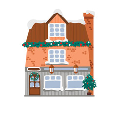 Hand drawn cute christmas house decorated with garland and wreath.Festive snow-covered building and Christmas tree for traditional winter holidays events.Vector cartoon illustration isolated on white.