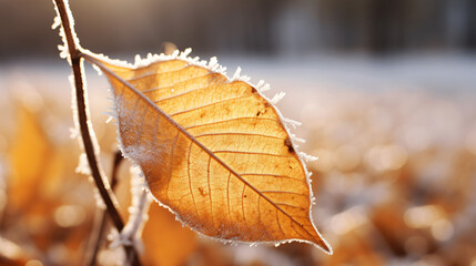 Close up image of yellow frozen leaf at autumn