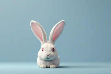 Obraz premium Cute white rabbit on blue background. Easter concept. Copy space.