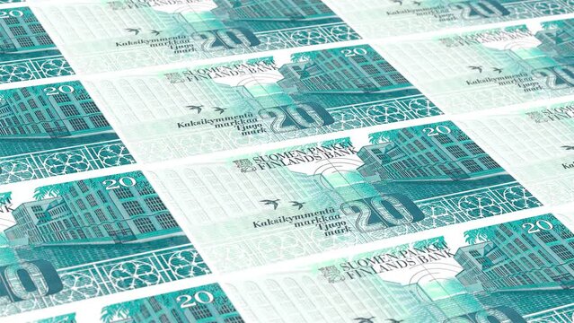 Finland Finnish Markka 20 Banknotes Money Printing House, Printing Twenty Finnish Markka, Printing Press Machine Print out Finnish Markka, Being printed by currency press machine 20