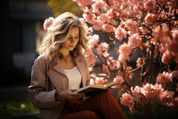 Czytanie na łonie natury. Młoda kobieta czytająca książkę w parku w otoczeniu kwitnących krzewów. - obrazy, fototapety, plakaty