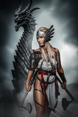 A valiant Valkyrie in winged armor stands guard with a dragon looming behind, set against a moody, cloud-filled sky