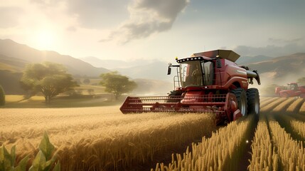 Obraz premium Combine harvester working on a wheat field. 3d render